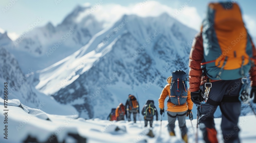 A group of mountaineers make way up a snowy mountain backs turned to the camera as they conquer the challenging terrain . . - obrazy, fototapety, plakaty 
