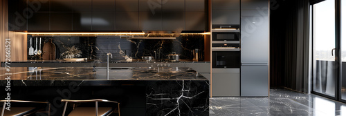 modern kitchen interior, luxury decor for a kitchen with led light, furniture decoration, trendy black style for the interior kitchen, Step into the Future: Modern Kitchen Interior with LED Luxury,