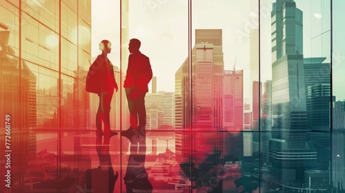 Silhouettes of businesspeople against cityscape - Two businesspeople silhouettes are superimposed on a vibrant cityscape, symbolizing partnership and progress