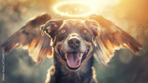 Smiling Black Dog with Angel Wings and Halo - A smiling black dog with stunning angel wings and a sparkling halo in a magical forest setting