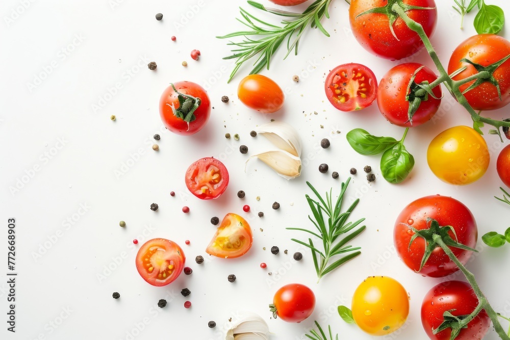 Tomatoes and spices with fresh basil on white - Juicy red tomatoes with basil and scattered spices ready for cooking Tomatoes and spices with fresh basil on white - Juicy red tomatoes with basil and scattered spices ready for cooking
