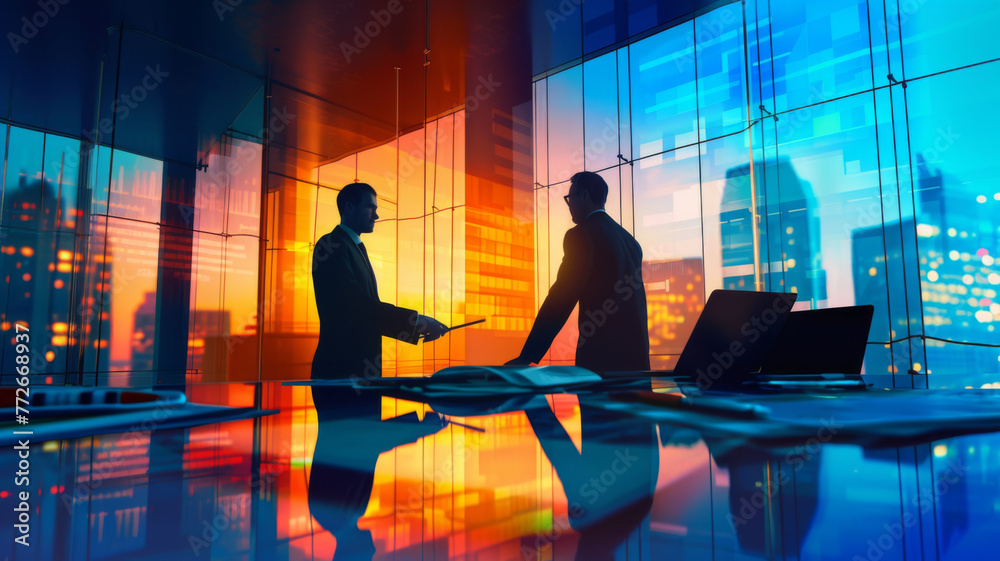 Two businessmen shaking hands in a modern office - Silhouetted figures conduct a deal in a sleek office environment, reflecting success and corporate agreements Two businessmen shaking hands in a modern office - Silhouetted figures conduct a deal in a sleek office environment, reflecting success and corporate agreements
