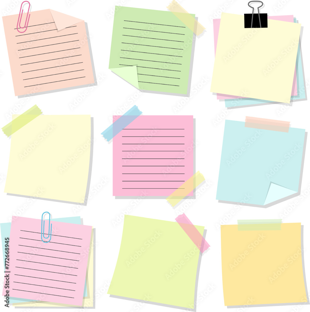 Set of Note Paper Sheet with Binder Clip and Adhesive Tape. Post It Memo Vector Illustration Set of Note Paper Sheet with Binder Clip and Adhesive Tape. Post It Memo Vector Illustration