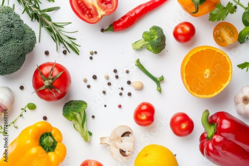 Vibrant vegetables and citrus fruits on white - Vibrant vegetables and citrus fruits carefully placed on a white surface, creating a visually appealing composition