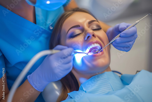 Close-up of a cheerful young woman receiving a dental check from a dentist with dental tools in view. Generative AI