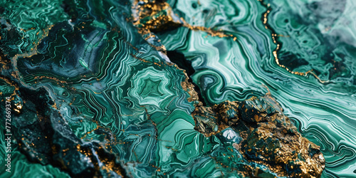 Abstract green malachite marble surface, stylized ornamental stone photo texture. Creative malachite mineral background. Agate stone wallpaper print design with marble and gold raw natural mineral © Konstantin