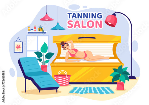 Tanning Salon Vector Illustration of Bed Procedure to Get Exotic Skin with Modern Technology at the Spa Solarium in Flat Cartoon Background