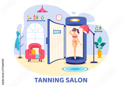 Tanning Salon Vector Illustration of Bed Procedure to Get Exotic Skin with Modern Technology at the Spa Solarium in Flat Cartoon Background