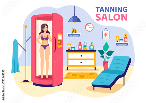 Tanning Salon Vector Illustration of Bed Procedure to Get Exotic Skin with Modern Technology at the Spa Solarium in Flat Cartoon Background