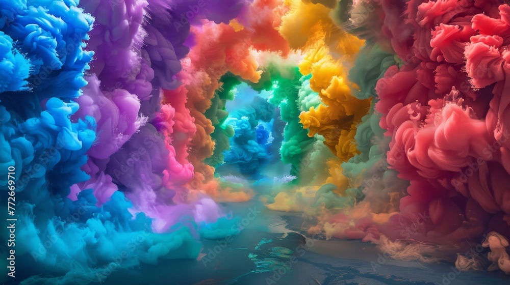 An explosion of colorful smokes creates a rainbow tunnel leading to a world of vibrant wonder.