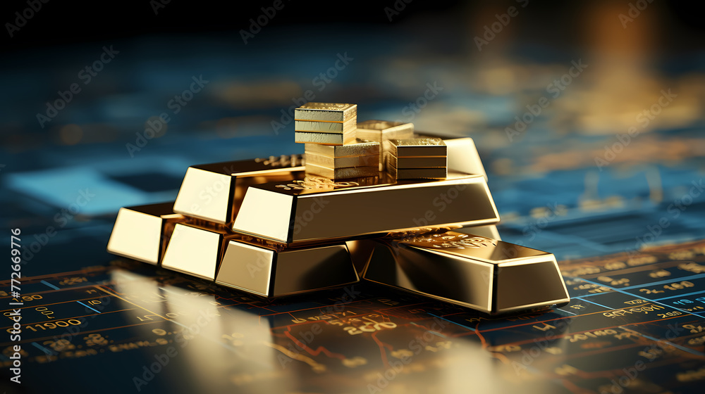 Gold bars sitting on blue bar chart, stock market and finance concept Gold bars sitting on blue bar chart, stock market and finance concept