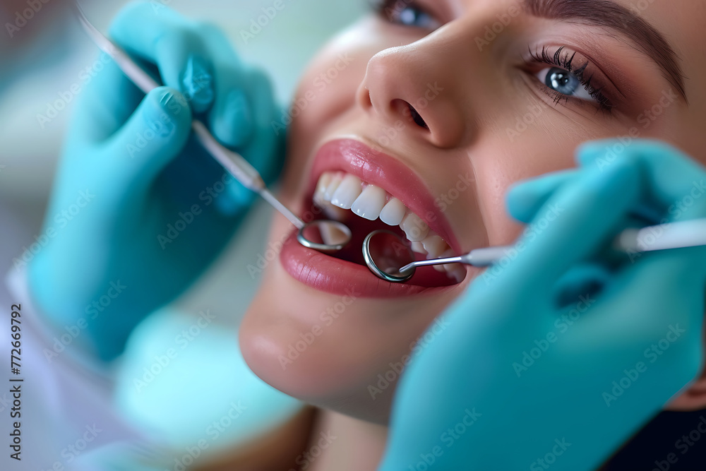 Close-up of a cheerful young woman receiving a dental check from a dentist with dental tools in view. Generative AI