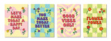 Collection of positive posters with flowers in trendy hippie groovy style. Set of cool interior posters in summer color palette with simple fun floral elements.