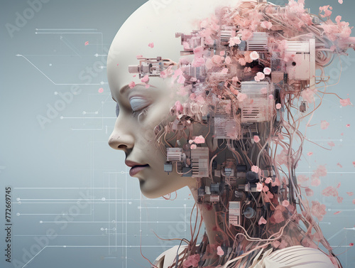 Beautiful female cyborg immersed in pink flowery elements, reflecting a desire for AI to emulate human qualities such as dreams, feelings, and happiness