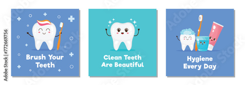 Collection of children's dental banners or posters for dental clinic. Cute teeth and hygiene products. Funny characters for dentistry.