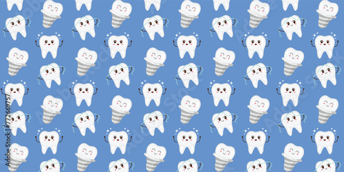 Seamless pattern with cute characters teeth. Pattern for dentistry.