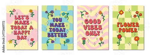 Collection of positive posters with flowers in trendy hippie groovy style. Set of cool interior posters in summer color palette with simple fun floral elements.