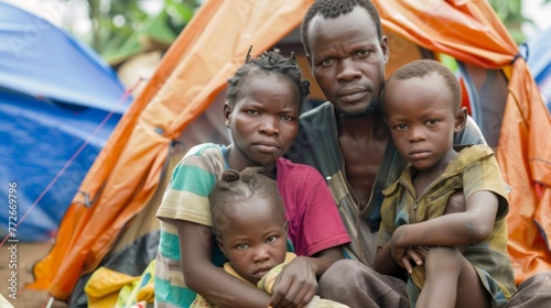 A family of four the parents trying to console their children as they sit in front of a tent their expressions filled with uncertainty and fear for the future.
