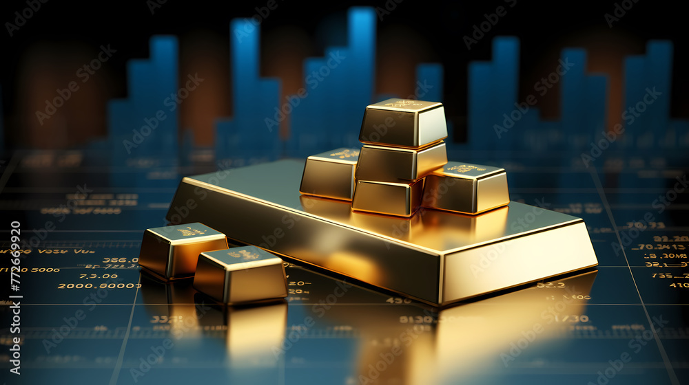 Gold bars sitting on blue bar chart, stock market and finance concept