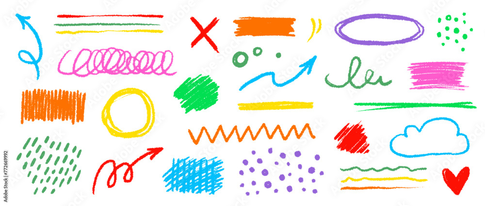 Crayon color pencil texture brush stroke element. Children crayon color brush stroke texture arrow, circle, underline shape. Hand drawn childish chalk pencil scribble. Vector illustration. Crayon color pencil texture brush stroke element. Children crayon color brush stroke texture arrow, circle, underline shape. Hand drawn childish chalk pencil scribble. Vector illustration.