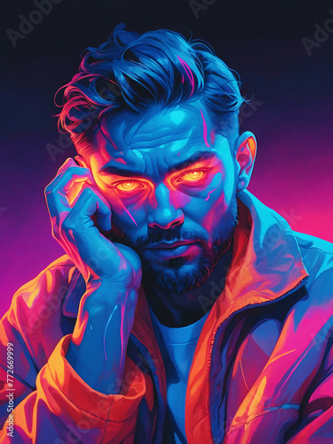 Illustration of a man with serious expression and otherworldly neon glow, AI Generative