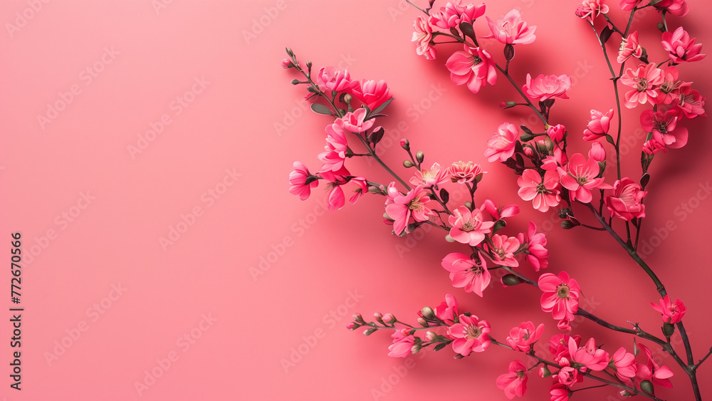 Flowers composition. Cherry blossom on pink background. Flat lay, top view, copy space Flowers composition. Cherry blossom on pink background. Flat lay, top view, copy space