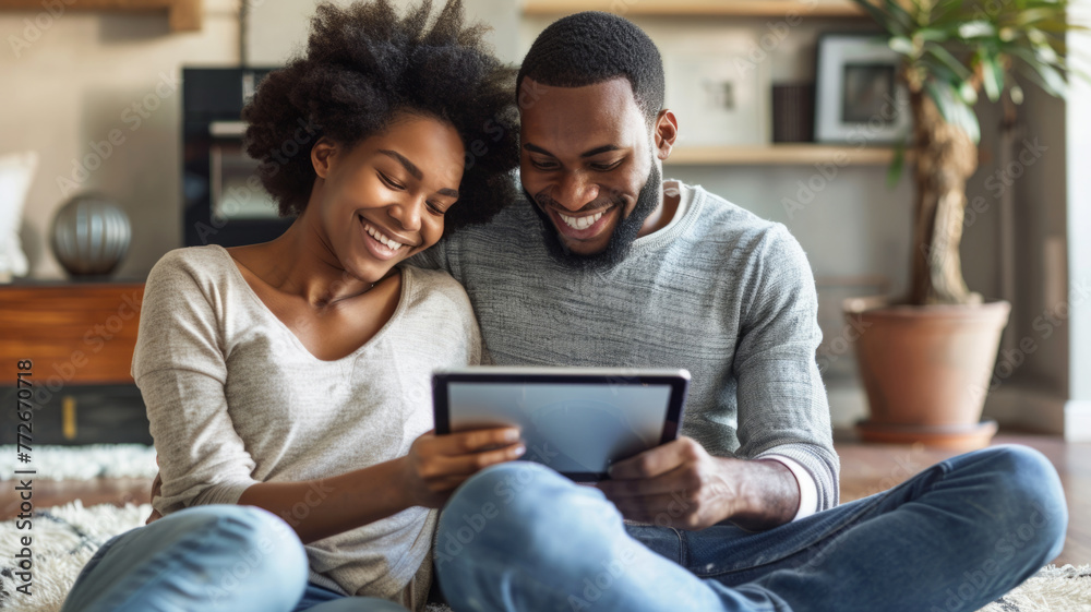 Couple smiling and using a tablet together - Happy couple seated on the floor at home, sharing a tablet with a cozy domestic backdrop Couple smiling and using a tablet together - Happy couple seated on the floor at home, sharing a tablet with a cozy domestic backdrop