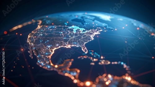 Detailed USA network connectivity map - Close-up shot of the United States showing network connectivity and data exchange points with glowing connecting lines