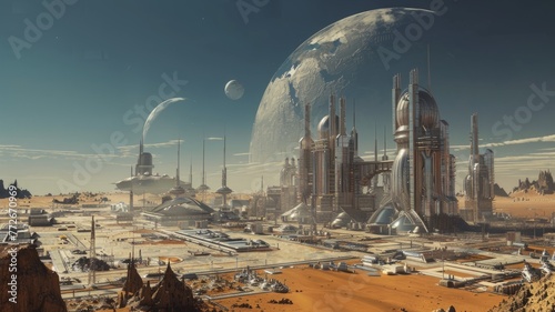 Fototapeta Naklejka Na Ścianę i Meble -  Futuristic cityscape with giant planet - A sprawling sci-fi metropolis with futuristic architecture under a massive celestial body evoking awe and progress