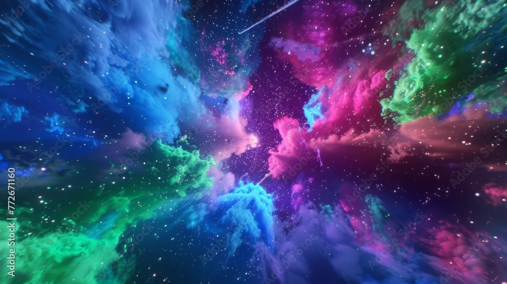 Wispy clouds of electric blue dust are illuminated by powerful explosions of neon green and pink.