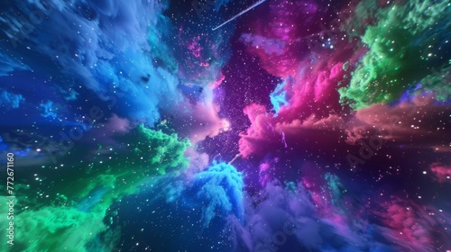 Wispy clouds of electric blue dust are illuminated by powerful explosions of neon green and pink.