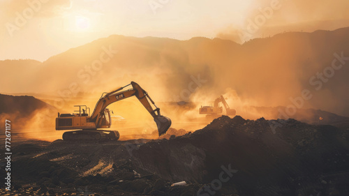 Industrial excavators operating in quarry at sunset - Heavy excavators and machinery working in harmony in a quarry as the sun sets, illustrating industry at work