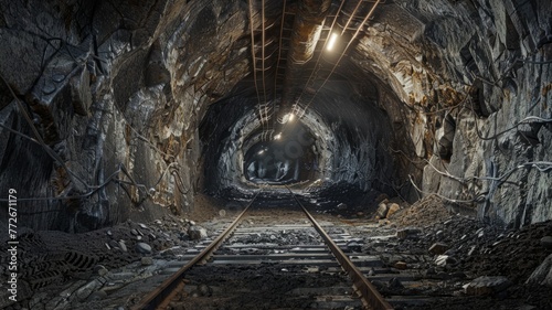 Illuminated mine tunnel with rails - This captivating image portrays an illuminated mine tunnel with metallic railway tracks leading into the darkness photo