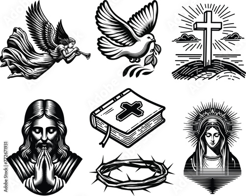 Set of christian religion symbol, worship, faith in god concept, vector illustration.