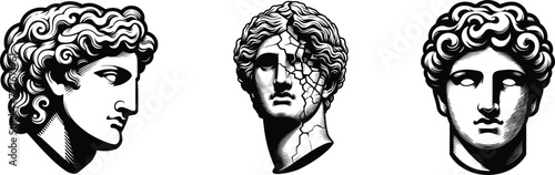 Set of greek sculptures head, vector illustration.