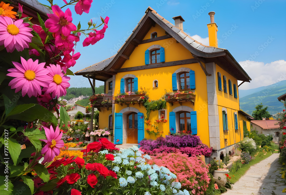 Una hermosa imagen de una casa muy colorida, rodeada de flores ...