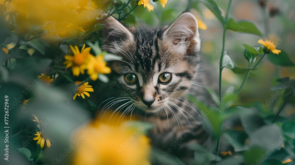 Cute fluffy kitten looks through yellow flowers in garden among greenery. Small striped kitten in nature outdoors. Soft selective focusing.