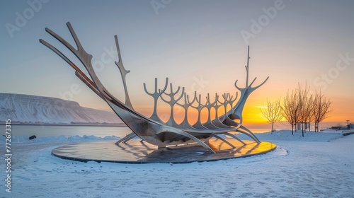 Solfar (Sun Voyager) Viking Sculpture stainless-steel modern sculpture of Viking longboat at Reykjavik in Iceland photo