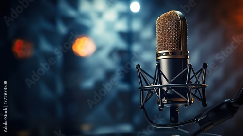 Podcast sound recording microphone in studio. Banner with copy space