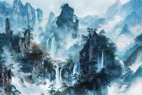 Digital painting of Japanese/Chinese landscapes. Eastern traditional culture. photo