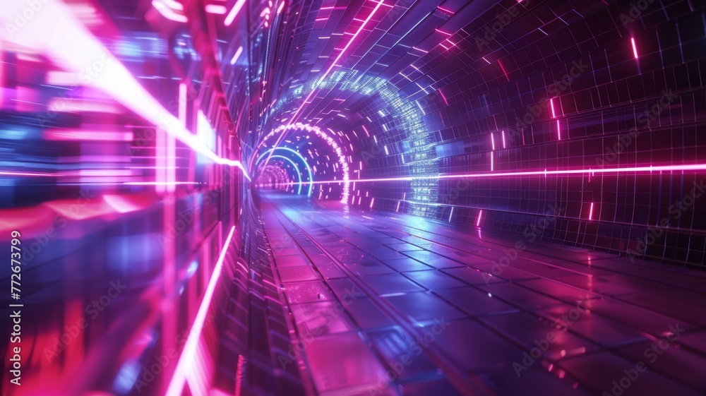 Vibrant neon light tunnel in 3D render - A high-speed journey is visualized in a dynamic 3D rendered neon light tunnel, evoking a sense of futuristic motion Vibrant neon light tunnel in 3D render - A high-speed journey is visualized in a dynamic 3D rendered neon light tunnel, evoking a sense of futuristic motion