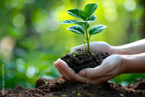 Human hands holding a young plant with green bokeh background. Concept of growth, new life, and environmental care.