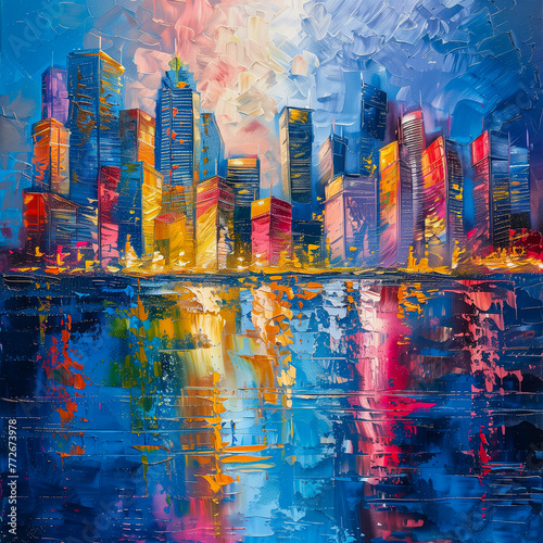 Oil painting Skyline city view with reflections on water.