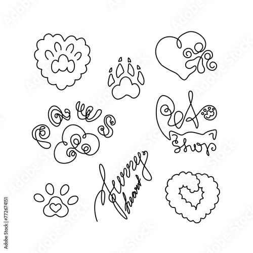 Pet shop logo icons set. Pet care, pet friendly, emblem, continuous line drawing, hand drawn, modern calligraphy, one single line on white background, isolated vector illustration. (ID: 772674151)