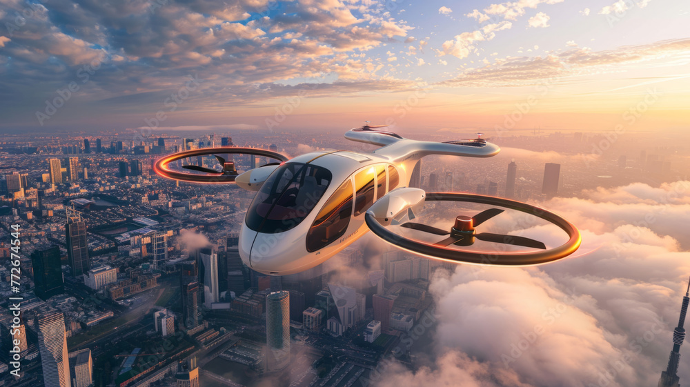 Advanced air taxi flying over city - A modern air taxi with innovative design flies high above a bustling metropolis during sunrise, depicting urban evolution - obrazy, fototapety, plakaty 