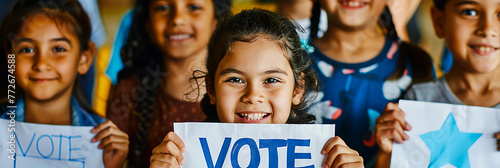 Image of children encouraging "vote."