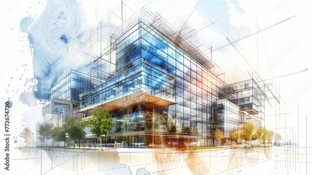 Architectural watercolor rendering of a modern building - This image showcases the artistic watercolor rendering technique of a contemporary building's architecture