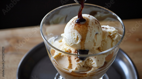 An affogato dessert with a rich, velvety espresso poured over creamy vanilla ice cream, super realistic