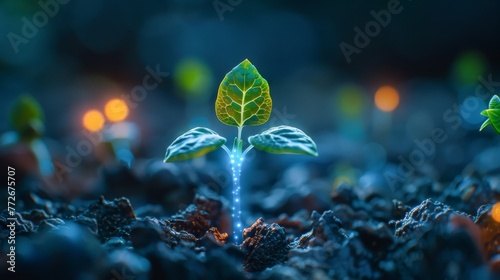 Alien seed sprouting on a foreign planet bioluminescent lighting