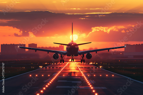 Airplane landing on runway with glowing sunset behind, creating a silhouette effect at twilight. Generative AI